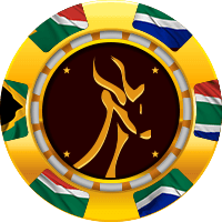 Springbok Casino emblem: a leaping springbok on a gold casino chip with South African flag colours